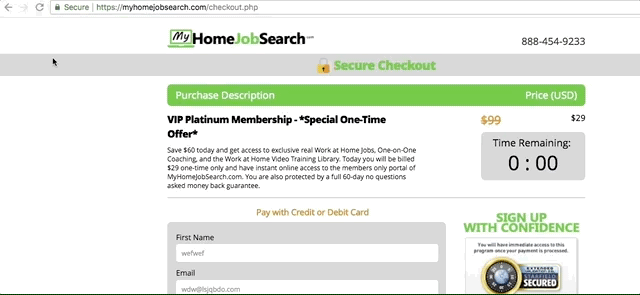 myhomejobsearch.com Checkout Page Fake Timer