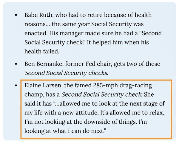Quotes from Bob Carlson's Retirement Watch Spotlight Series presentation about the "Second Social Security" check.