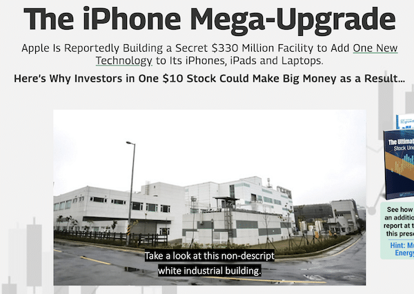 White industrial building shown in the "iPhone Mega-Upgrade" presentation on the Oxford Club website.