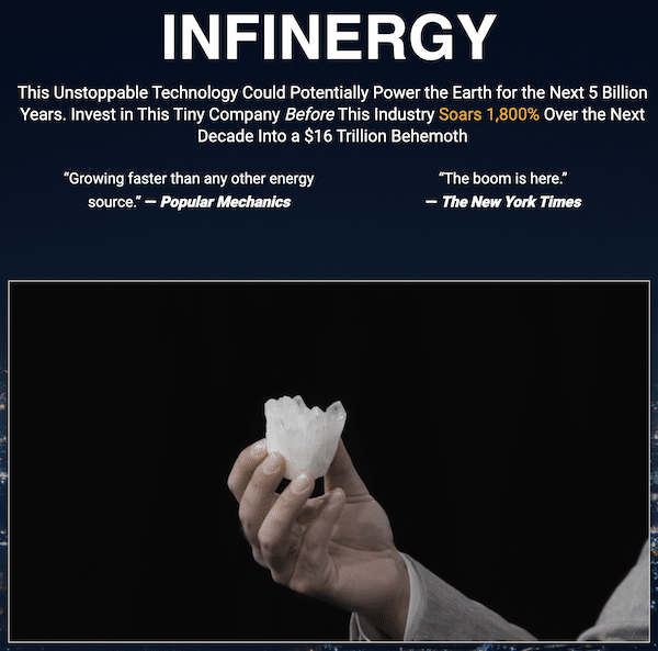 Ian King holding up a crystal during the Infinergy presentation on the Banyan Hill website.