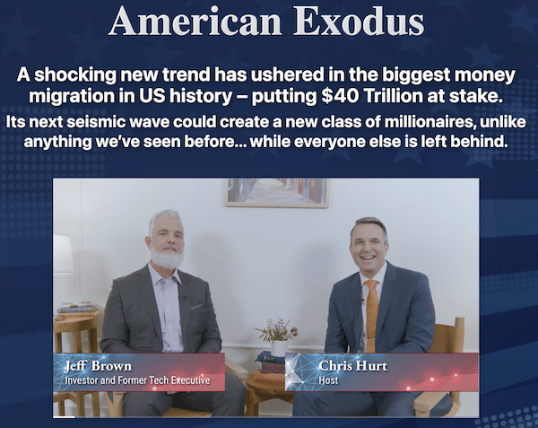 Jeff Brown and Chris Hurt during the American Exodus presentation located on the Brownstone Research website.