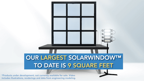 Screenshot from a video depicting a 9 square foot solar window from SolarWindow Technologies.
