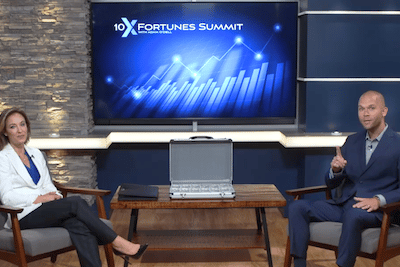 Adam O'Dell with Julie Moore in the 10X Fortunes Summit presentation where he discussed his top fintech company recommendation and two other stocks.