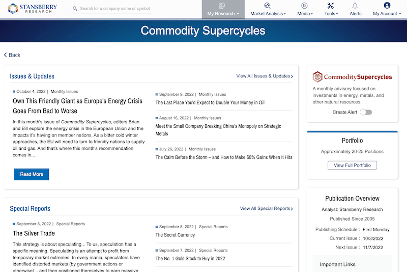 Commodity Supercycles member's area on the Stansberry Research website.