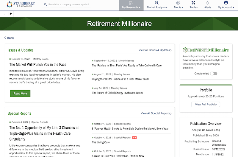 Home page of the Retirement Millionaire service on the Stansberry Research website.