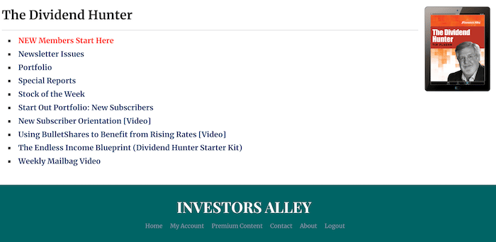 The Dividend Hunter member's area on the Investors Alley website.