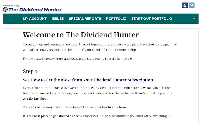 Welcome page for the Dividend Hunter service explaining Tim Plaehn's five step plan for new subscribers.