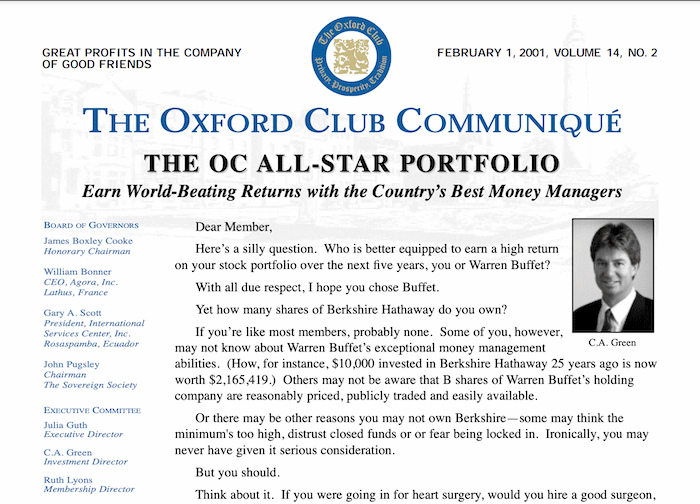The first main edition of the Oxford Club Communique newsletter in 2001.