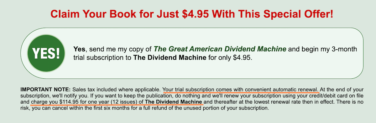 The Dividend Machine price for a 12-month subscription after the three-month trial ends, as per the order page.