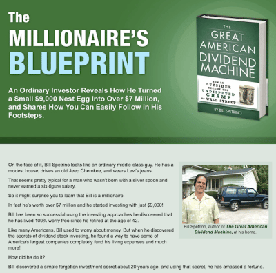 The Dividend Machine sales page featuring Bill Spetrino's Great American Dividend Machine book.