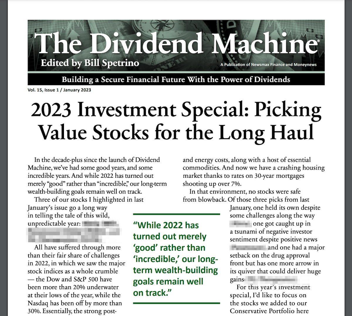A preview of the January 2023 Dividend Machine newsletter issue.