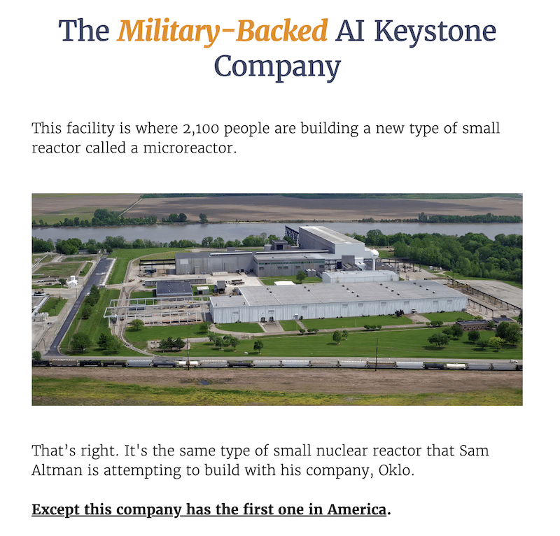 A screenshot of Porter Stansberry's presentation where he shares a photo of the facility of the "AI Keystone Company" he is teasing.